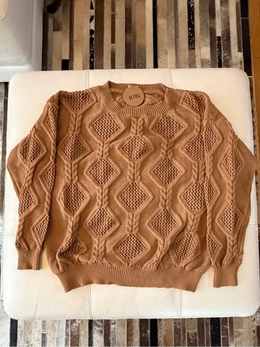 BiBi Cable Knit Diamond Pattern Sweater Camel Size XL NWT
